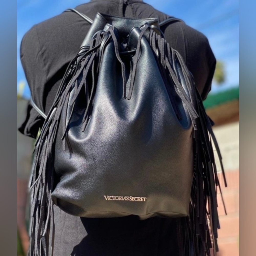 Victoria's Secret Black Faux Leather Fringe Backpack